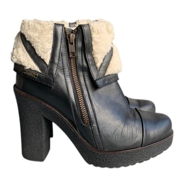 Diesel Women’s 36 US 6 Black Leather Ankle Boots Faux Fur Heel Zip Up Italy - Picture 1 of 16